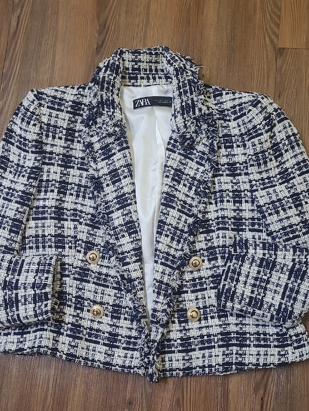 ZARA Navy and White Tweed Double-Breasted‎ Crop Blazer